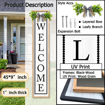 Aurapeak Welcome Sign for Front Porch Door Standing, Outdoor Large Wooden Home Rustic Farmhouse Yard Vertical Hanging Modern Entryway Plaques Outside Decorations (45"X9" Wood)