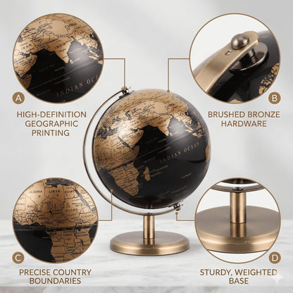 JOINPAYA 6 Inch Small World Globe with Antique Bronze Stand Black Gold Earth Desktop Decor for Kids & Adults Geography Learning Globe for Home Office Classroom