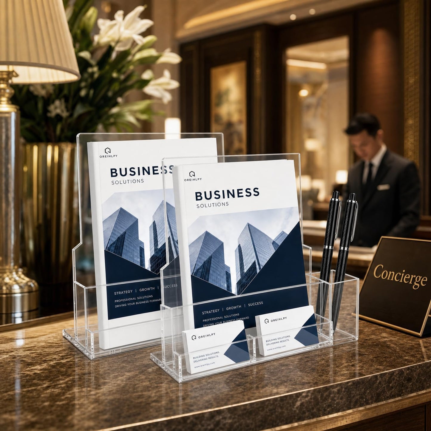 QREIHLPY Acrylic Brochure Holder 2 Pack, 8.5*11inch with Pen Holders & Business Card Slot, Clear Display Stand for Countertop, Suitable for Pamphle, Magazines, Menus, Trifold Booklets