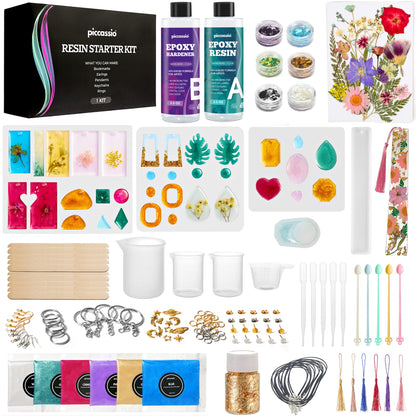 Piccassio Epoxy Resin Kit for Beginners – 208-Piece Jewelry Making & Craft Kit with Molds, Dried Flowers, Glitter & Tools – Complete Starter Set for Keychains, Bookmarks, Pendants & DIY Resin Art