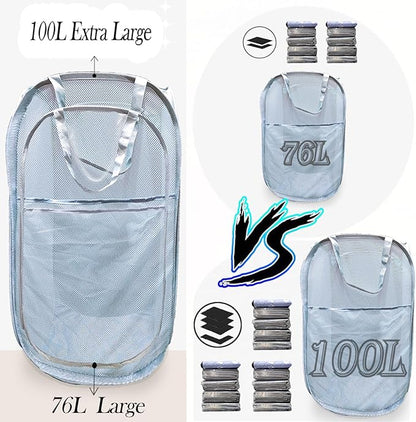 Extra Large Mesh Pop Up Laundry Hamper 2 Pack, 100L Foldable Laundry Baskets