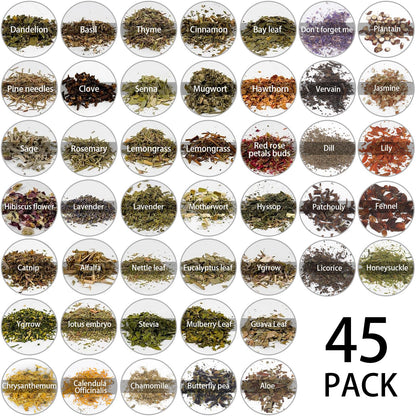 Witchcraft Supplies Herbs - 45 Bottles Dried Herbs Kit for Beginners - Altar Supplies Healing Herbal Natural Herbs Crystal Spoon for Wicca, Pagan Magic Spells and Bath