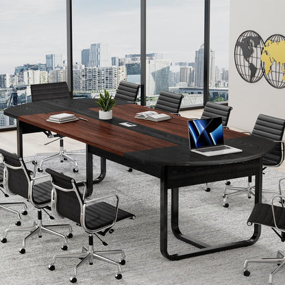 8FT Conference Table, 94.5" D x 47.3" W x 29.5" H Oval Meeting Table with Rectangle Grommet, Modern Seminar Boardroom Table for Office Conference Room (8ft, Walnut & Black)