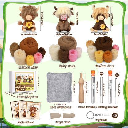 Yizzvb Needle Felting Kit, Highland Cow Family Needle Felting Kits for Beginners Adult with Instruction, Wool, Felting Needles, Felting Pad, Wool Felting Kits for Beginners DIY Home Decoration