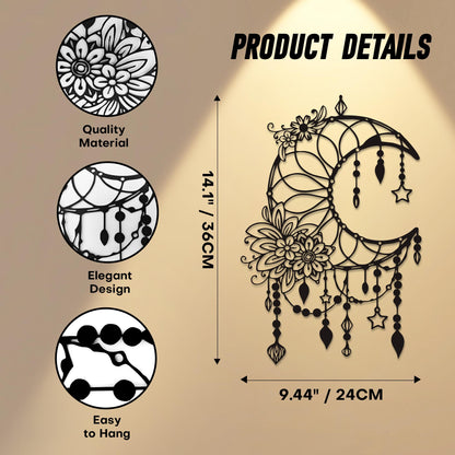 Xedatric Matte Black Moon Phase Wall Decor–Elegant Metal Moon Wall Art with Floral & Hanging Stars–Celestial Bedroom Decor for Indoor & Outdoor