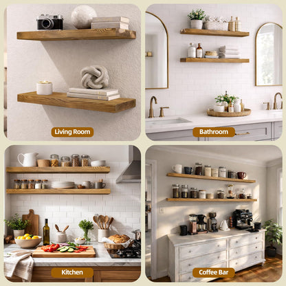 BANFFLOW 30 Inch Rustic Wood Floating Shelves for Wall, 8.66 Inch Deep Solid Wood Wall Shelf with Heavy Duty Hidden Bracket, Golden Oak, 30 × 8.66 × 2.28, for Living Room Bathroom Bedroom, Set of 2