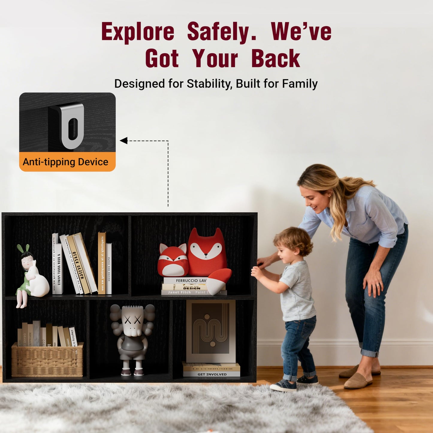 Nestwise Book Shelf, Wooden Cube Storage Organizer with 11" Open Cubes, Stackable Modular Bookcase for Room Divider Storage, 2 Tier Bookshelf for Living Room, Bedroom, Office (Black, 5-Cube)