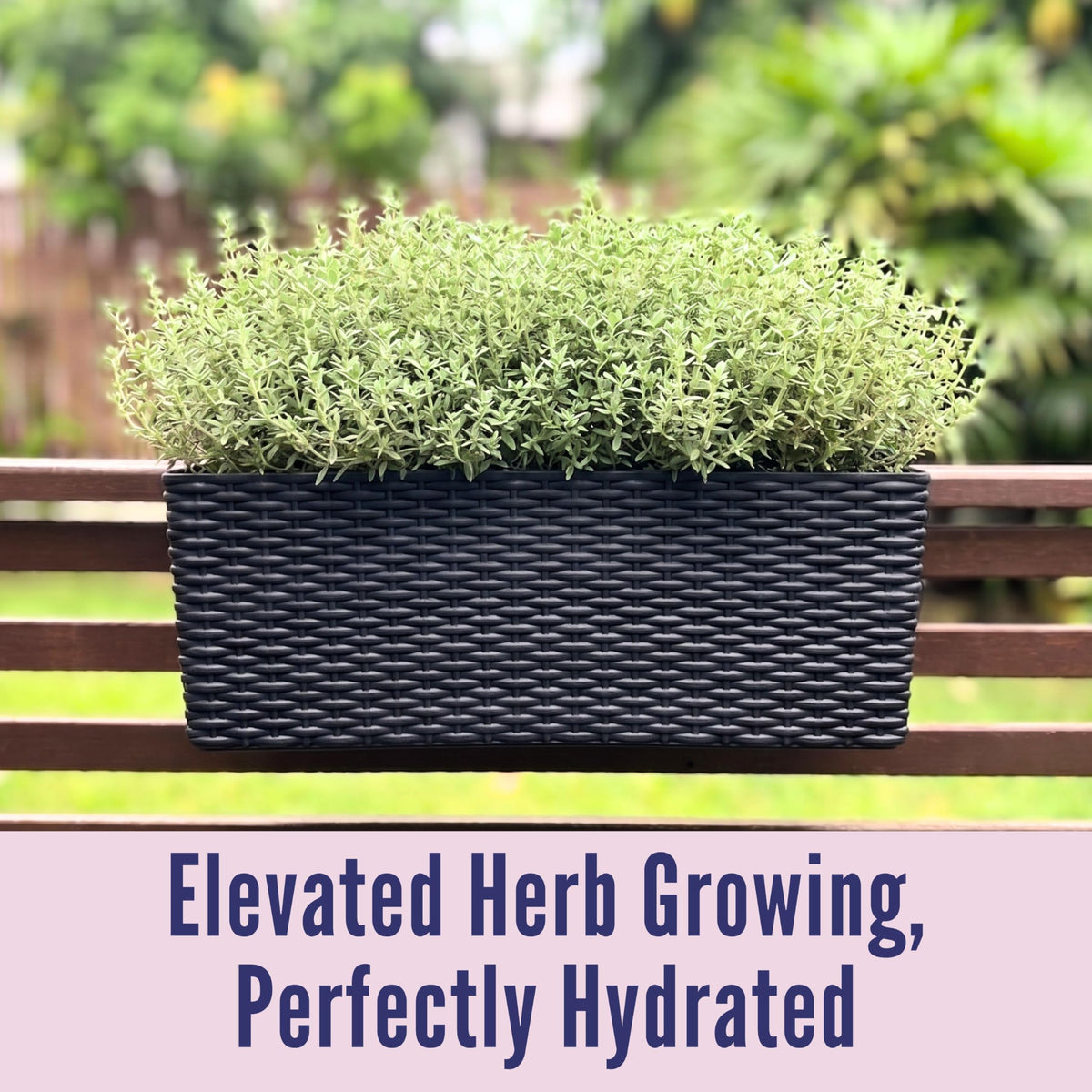 LaLaGreen Outdoor Rail Planter for Balcony (20 Inch, 2 Pack) Large Black Self Watering Deck Railings Planters with Brackets, Rectangular Plastic Fence Flower Box Designer Choice with Rattan Pattern