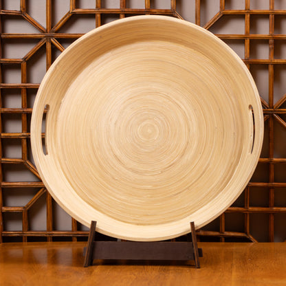 LEXA 15.7" Bamboo Round Serving Tray with Handles – Large Handcrafted Wooden Tray for Food, Ottoman, Coffee Table, Kitchen, or Charcuterie, Natural