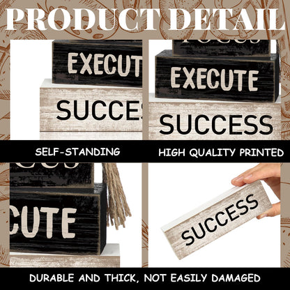 Yuntau 4 Pcs Motivational Wooden Tabletop Decor Inspirational Tiered Tray Decor Rustic Retro Wood Bead Garland Focus Execute Success Block Sign Gift Farmhouse Centerpiece for Home Shelf Mantle