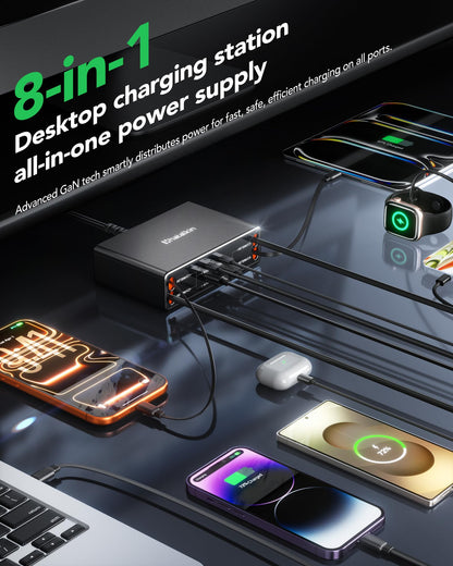 8-in-1 Retractable Charger for Apple Samsung Multiple Devices,Charging Station 105W USB c Gan Usbc Hub,Fast Charger Wall Plug for iPhone 17/16/15,Galaxy S26,Pixel,iPad,Home Office,Desktop Accessories