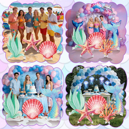 5 Pcs Large Under The Sea Decorations Ocean Theme Party Supplies Mermaid Tail Shell Starfish Seaweed Stand Up Cutouts for Mermaid Birthday Baby Shower Summer Party Photo