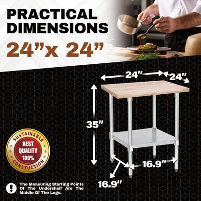 US Maple Top Work Table - 24 x 24 x 35 Inch Commercial Butcher Block Wooden Workbench with Adjustable Lower Shelf - Fits Restaurant, Warehouse, Home, Kitchen, Garage by DuraSteel
