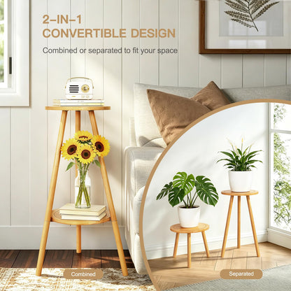 Jotsport Bamboo 2-Tier Plant Stand, 30" Tall 2-in-1 Convertible Flower Pot Holder, Heavy Duty 150 LBS Capacity, Multi-Use End Table for Window, Living Room, Balcony, Patio