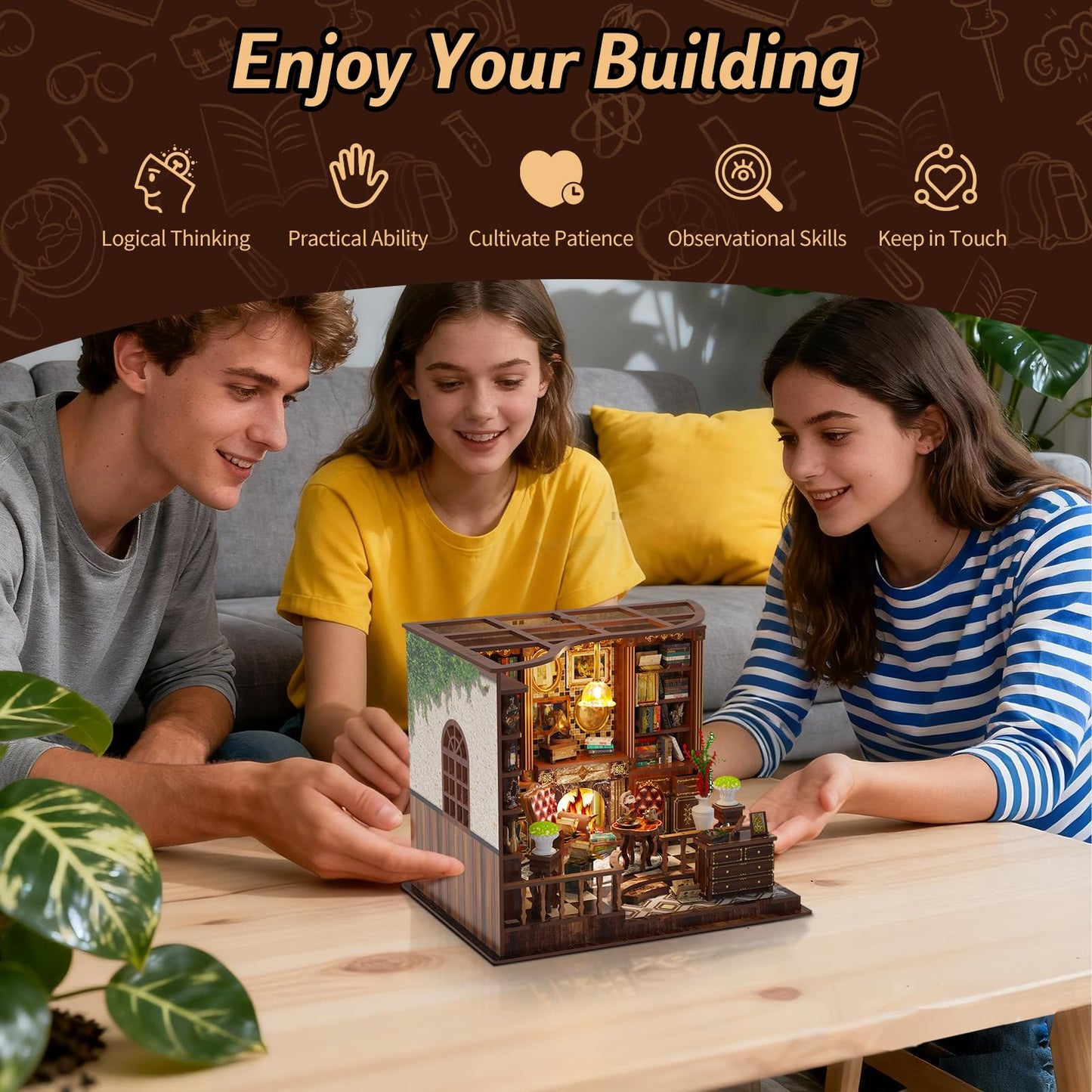 Hallisun DIY Miniature House Kit, Mini 3D Wooden Left Bank Study Building Kit with Furniture and LED, Tiny Diorama Dollhouse Model Set, Handmade House Craft Birthday for Adults Teens
