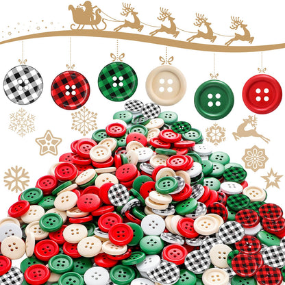 Luinabio 300 Pieces Christmas Buffalo Plaid Wood Buttons 4 Holes Black Red Wooden Gingham Craft Buttons Round Decoration for DIY Sewing Christmas Stocking Decor 0.79 Inch 6 Style