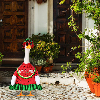 Sunnymove Summer Watermelon Porch Goose Outfits Summer Dress with Frilled Hat & Skirt Welcome Wooden Sign Fits 23" Cement Goose Statue Outdoor Garden Yard Patio Lawn Decor(Watermelon)