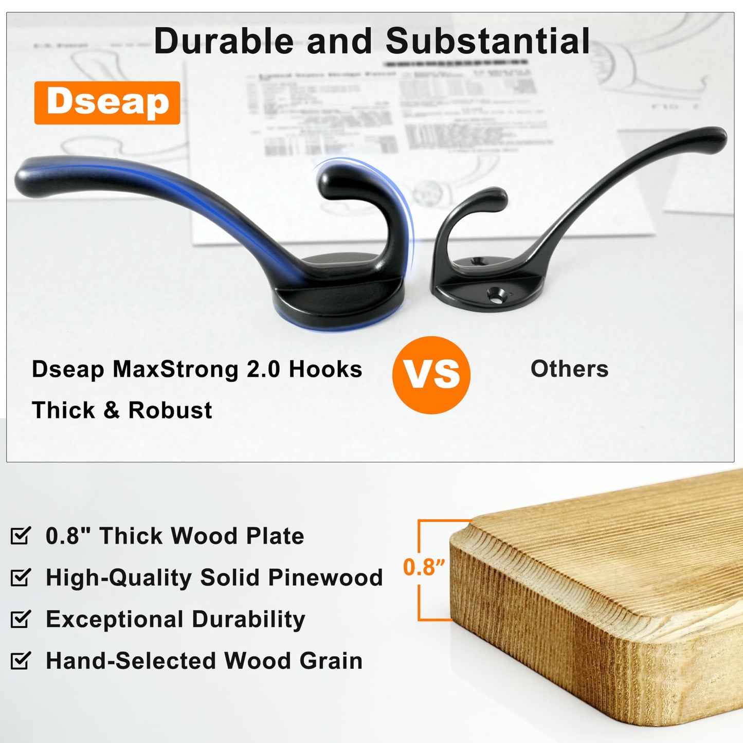 Dseap Coat Rack Wall: Patented, Heavy-Duty, 17.4" Long 5-Double-Hooks Wooden Wall Mounted Coat Rack Coat Hanger Hook Rail for Winter Coats Hat Jacket Clothing, White & Black
