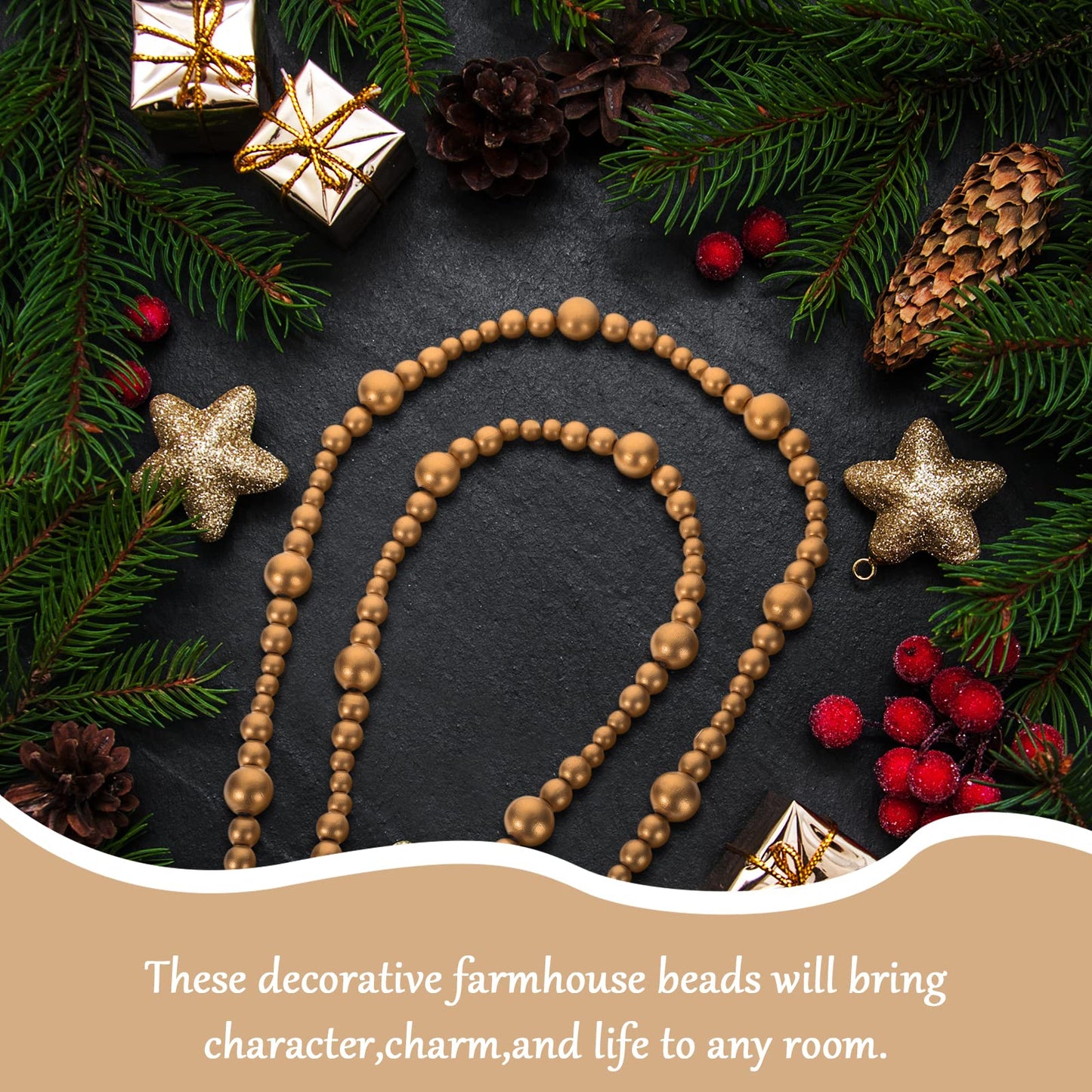 Boao 20 Feet Christmas Wooden Beads Garland Gold Christmas Tree Garland Wall Hanging Prayer Beads for Holiday Home Rustic Farmhouse Natural Boho Decor