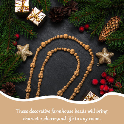 Boao 20 Feet Christmas Wooden Beads Garland Gold Christmas Tree Garland Wall Hanging Prayer Beads for Holiday Home Rustic Farmhouse Natural Boho Decor