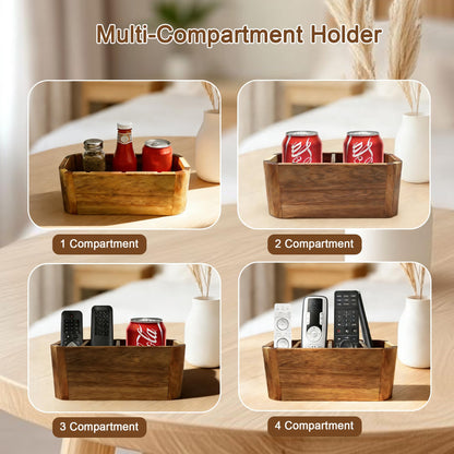 LEEBICHEN Acacia Wood Remote Control Holder, TV Remote Holder - 4 Compartment Remote Control Storage Organizer, Small Wooden Desktop Caddy for Coffee Table, Nightstand, Living Room, Office, Vanity