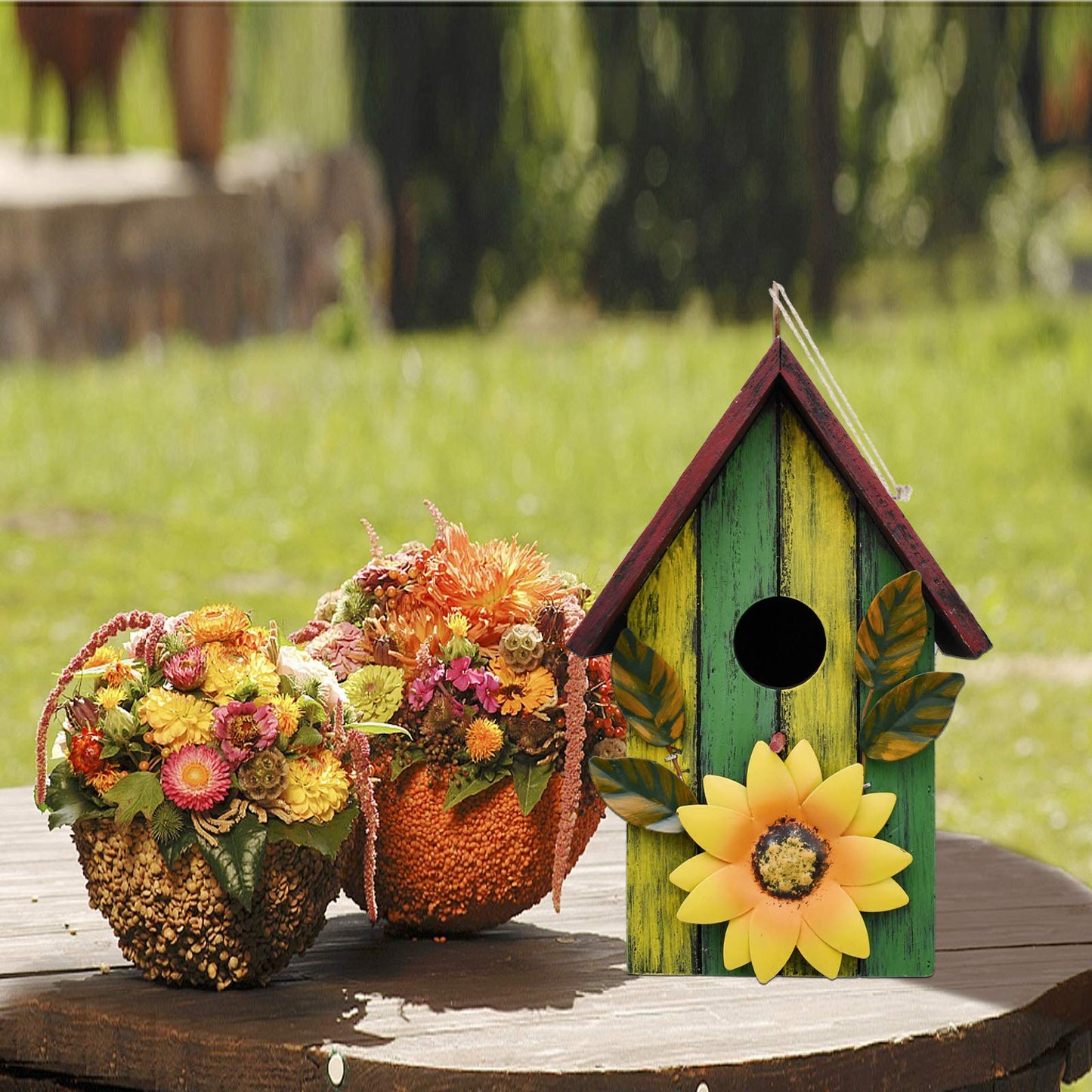 Wood Decorative Bird House for Outside Hanging Hummingbird House, Wooden Hand Painted Small Bird House Outdoors Garden Décor, Hanging Bird House for Finch Bluebird Wren Chickadee (Green)