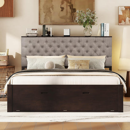 GDFStudio Boden Queen Size Upholstered Headboard, Queen Size Platform Bed with Storage Headboard, Wooden Bed Frame with Shoe Rack and Organizer Drawer, Ample Storage Shelves and 4 Drawers, Espresso