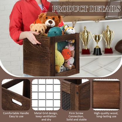 Colingmill 2 Pack Stackable Wood Storage Bins with Metal Wire and Handles 11 x 11 x 11 Inch, 22l Cube Vinyl Record Holder Wooden Storage Crate Basket for Shelve Fruit Vegetable Pantry Toy(Walnut)