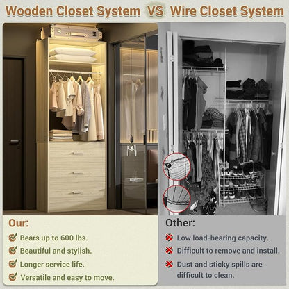 Besiost Closet System Set of 2, 4FT Closet Systems with 6 Wood Drawers, 48" Closet Organizer System with 2 Hanging Rods & 2 Shelves, Heavy Duty 48 Inch Walk-in Closet, White Oak (48"L x 15" W x 80" H)