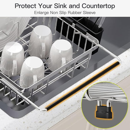 JASIWAY Expandable Stainless Steel Dish Drying Rack Over The Sink For Small Kitchen, Counter Space Saving Compact Plate Drainer Strainer, Adjustable Hanging Metal Dish Dryer Holder with Utensil Holder