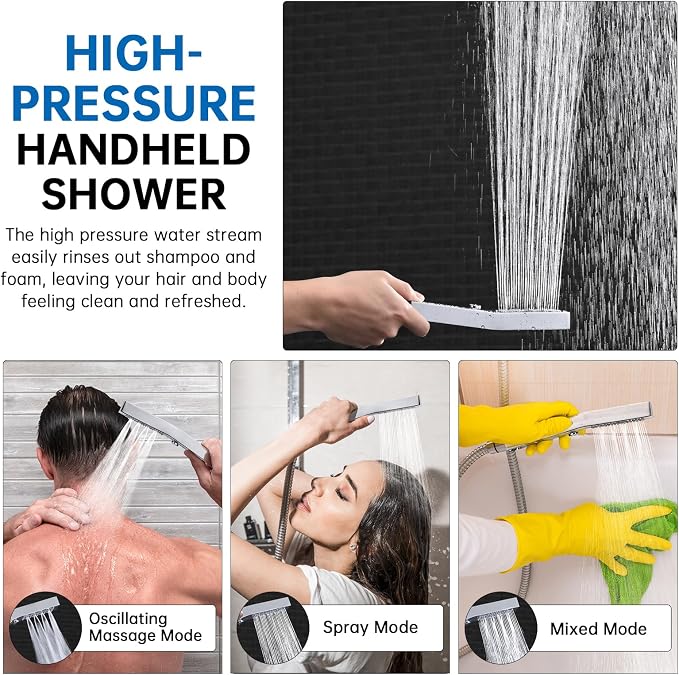 G-Promise All Metal 14 Inch Rain Shower Head with Massage Mode Handheld Spray Combo, 3-Way Diverter with Pause Setting, Full Body Coverage, Modern Bathroom Upgrade (Chrome)