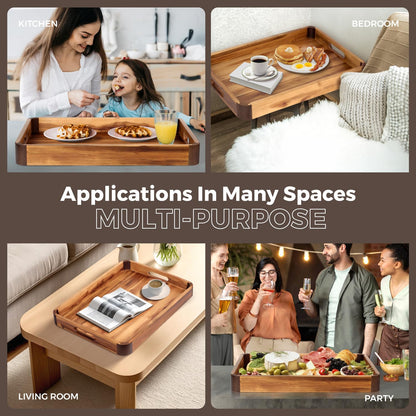 22 x 15.7 Inch Large Acacia Wood Serving Tray with Handles, Extra Spacious Decorative Wooden Tray with Dark Walnut-Tone Curved Corner Accents for Coffee Table, Ottoman & Kitchen Counter