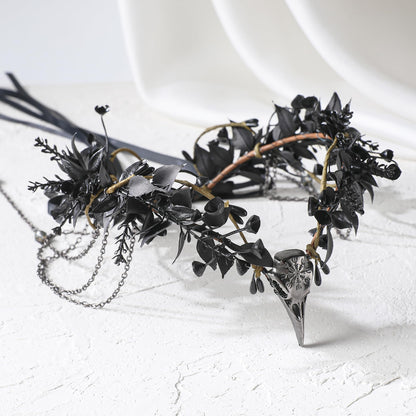 MOSTORY Black Raven Elf Crown - Gothic Flower Headpiece with Tassel for Witch Accessories Women, Dark Floral Circlet for Renaissance Renfaire Halloween Witchcore Cosplay