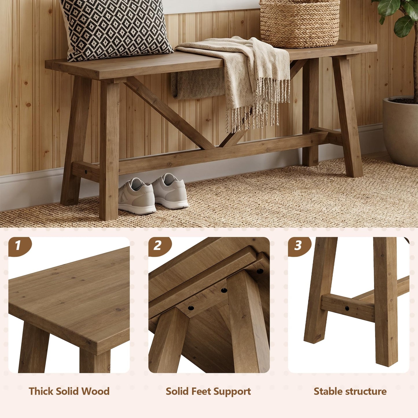 Wnutrees 43" Farmhouse Solid Wood Bench, Narrow Long Seat for Entryway Living Room Dining Area, Natural