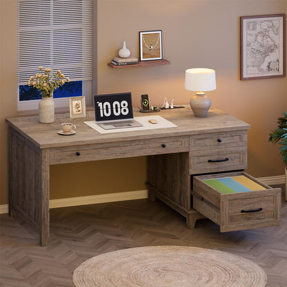 Garvee 53.5" Wooden Home Office Desk with File Drawers, Executive Desk with Power Outlet, Farmhouse Wood Desk with Storage, Distressed Study and Work Table, Rustic Grey