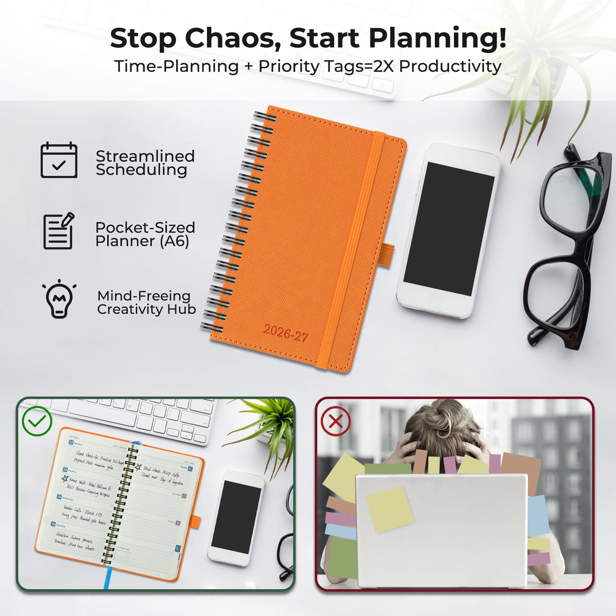 IN-LUXPRO Planner 2026-2027 Daily Weekly and Monthly,6.5"x3.75",18 Months Spiral Bound Calendar Agenda with Self-adhesive Pen Holder,2026 Academic Plan with Vegan Leather Soft Cover,Orange