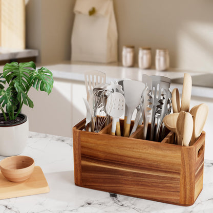 Segtenant Utensil Holder for Kitchen Counter, Extra Large Utensil Holder for Countertop with 4 Compartments Wooden Cooking Utensil Organizer for Spatula Kitchen Storage, Acacia Wood