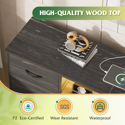 WLIVE Black Dresser TV Stand for 50, 55, 65 inch TV, Entertainment Center with LED Lights & Charging Station, Chest of Drawers with 8 Fabric Drawers and Open Shelves for Living Room, Bedroom, Wood Top