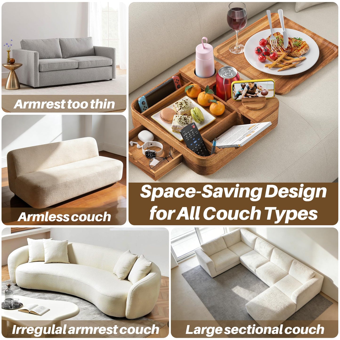 Couch Cup Holder, Couch Tray Cup Holder Sofa Tray, Acacia Wood Large Capacity 2-Tier Wooden Trays with Drawer for Sofa, Bed, Picnic, Drinks, Snacks, Remote, Cell Phone 12.5 * 12.5 in