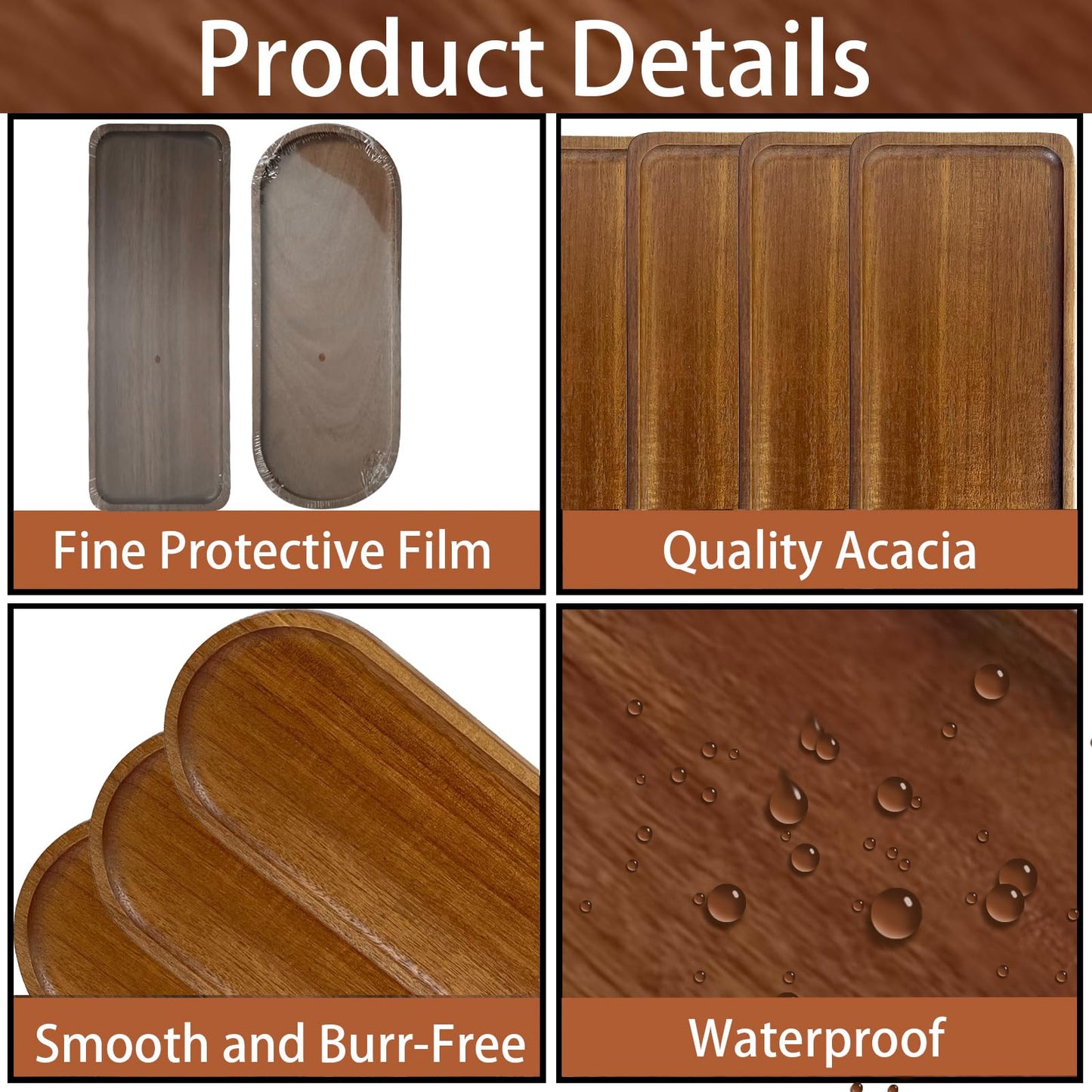 Set of 5 Acacia Wooden Trays Rustic Small Oval Serving Tray Bulk Wood Food Plate Fruit, Salad, Cheese, Coffee Platters Appetizer Decorative Tray 11.4 * 4.1inch (Oval 5Pcs)