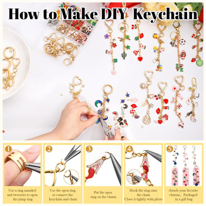 Riwiuue 352Pcs Lip Gloss Keychain Making Kit, DIY Charms Key Chain Making Kit with Bag Charm Supplies, Pendant, Jump Ring, Crab Clip, Pliers, Gift Bag & Tools for Mother's Day Party Gifts