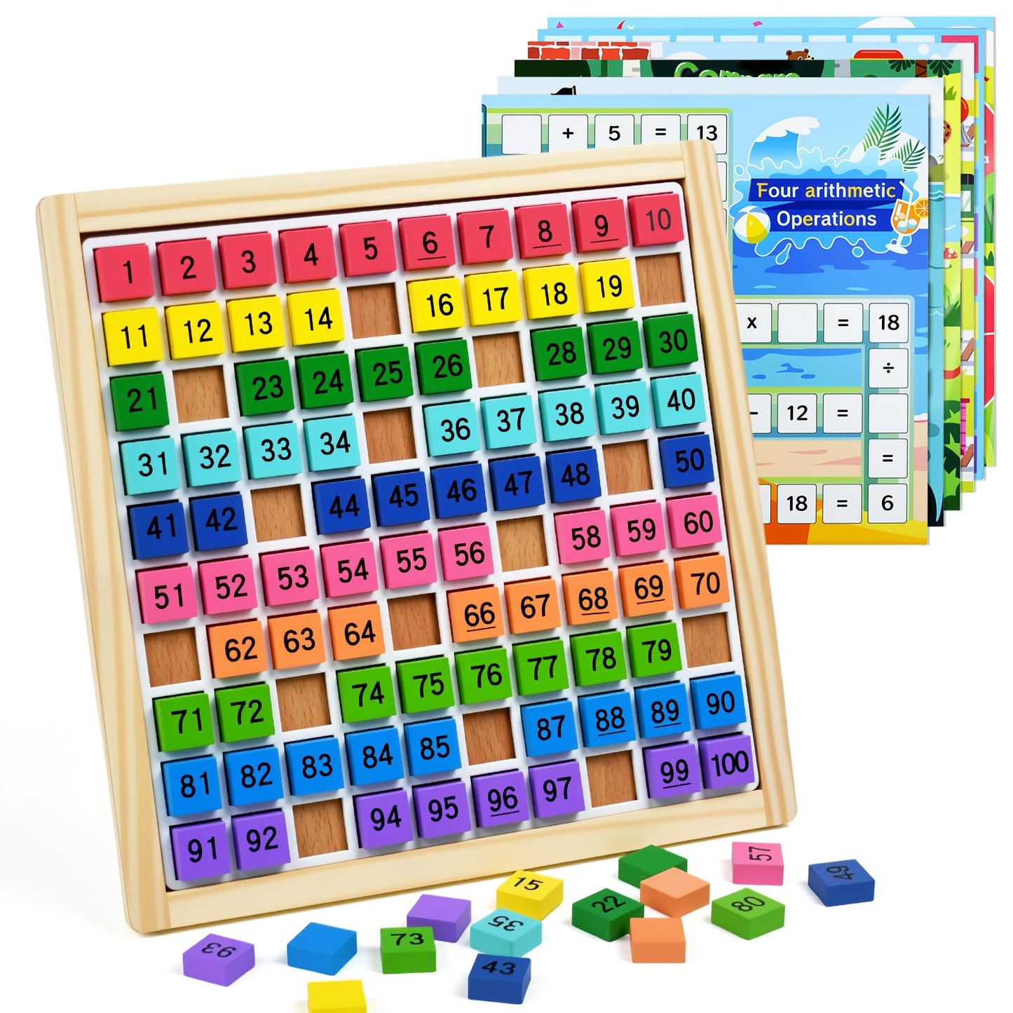 GAKICO Montessori Wooden Math Hundred Board: 1-100 Number Counting Board Game with Magnetic Number Tiles & 6 Pack Activity Cards, Preschool Learning Activities Math Games for Kids