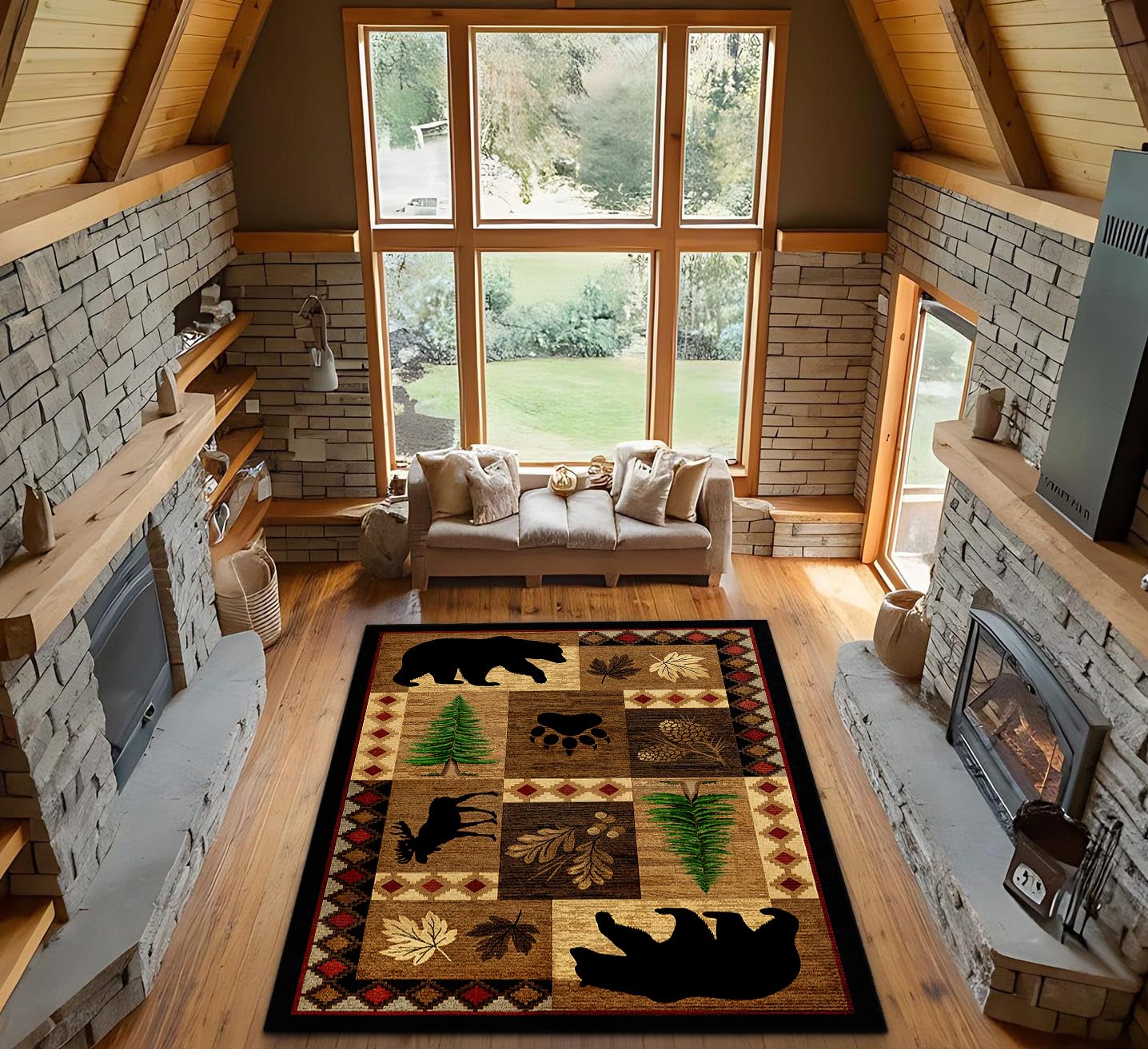 Bear Decor Rustic Throw Area Rugs Moose, 3x5, 4x6, 5x8, 6x9 Ft, Cabin & Living Room