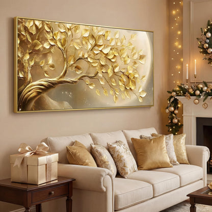 BirdSuite Gold Framed Golden Leaf Money Tree Wall Art, Luxury 3D Effect Canvas Print, Ready to Hang Wall Decor for Living Room Bedroom Office Dining Room Entryway, 58x29 Inch