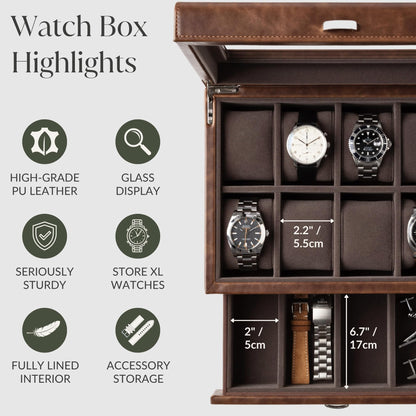 TAWBURY 8 Slot Watch Box with Storage Drawer – Premium Watch Storage Case for Men | 2.2-inch Wide Pillows Hold Small & Ovesized Watches (Brown)