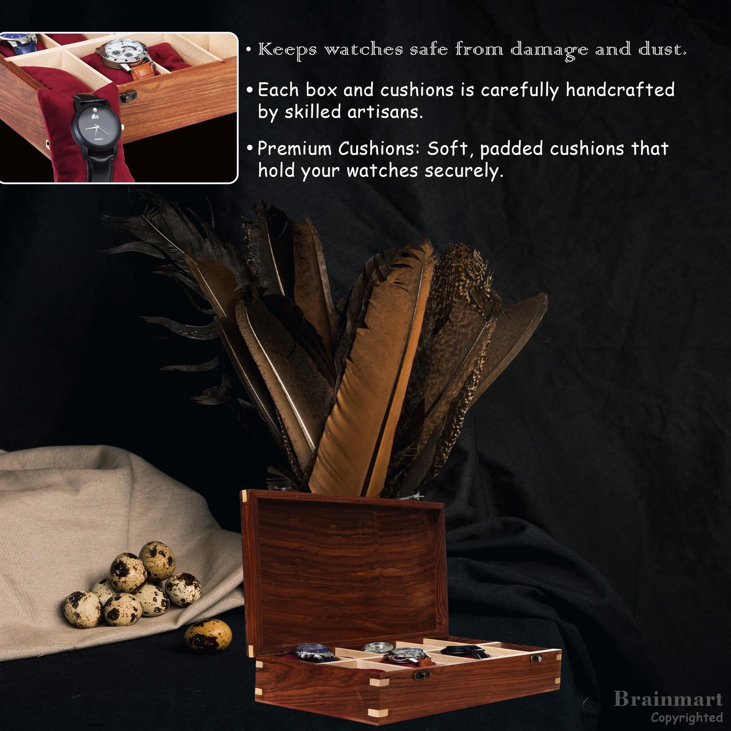 Brainmart Wooden Watch Box for Men & Women, Premium Watch Organizer Case with Wood Top, Durable Storage Holder for Watches, Elegant Gift for Collectors & Enthusiasts (12 Slot)