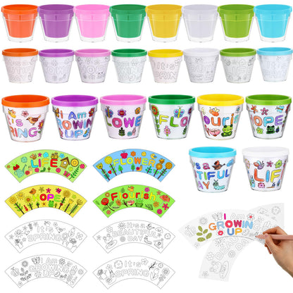 Meanplan 24 Pcs Spring DIY Flower Pots, Color Your Own Flowerpots Bulk Colorful Plastic Garden Pot Crafts Painting Kit for Adults DIY Art Projects Fun Activities