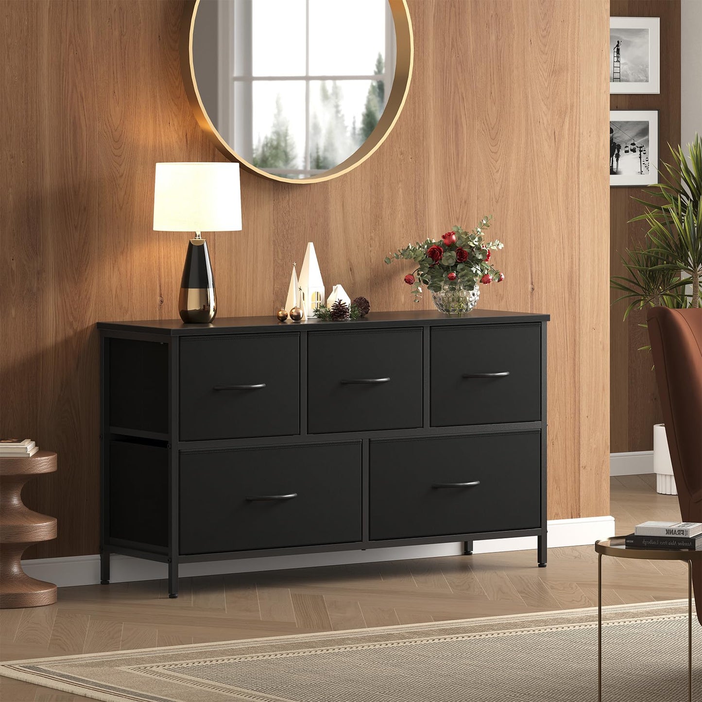 OLIXIS 5 Drawer Dresser for Bedroom, Closet Chest Organizer Furniture, TV Stand for Living Room Hallway, Wide Fabric Storage Tower with Wooden Top and Metal Frame, Black