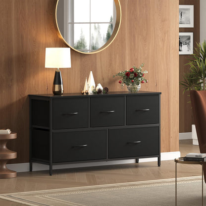 OLIXIS 5 Drawer Dresser for Bedroom, Closet Chest Organizer Furniture, TV Stand for Living Room Hallway, Wide Fabric Storage Tower with Wooden Top and Metal Frame, Black