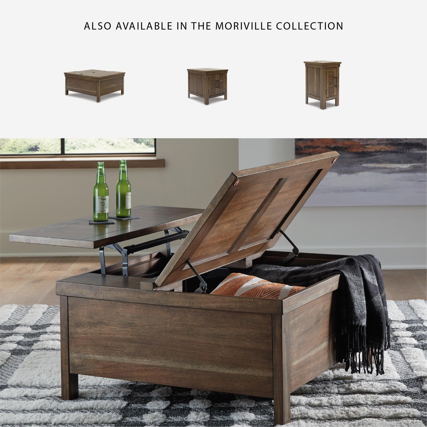 Signature Design by Ashley Moriville Rustic Hinged and Lift Top Cocktail Table with Hidden Storage, Light Brown